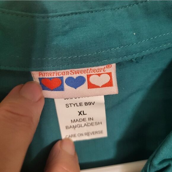 American Sweetheart Green Turquoise Button Up Blouse, XL - Picture 7 of 7